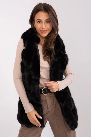 Elegant black women's hooded faux fur vest with zipper and pockets, made of soft polyester for warmth and style