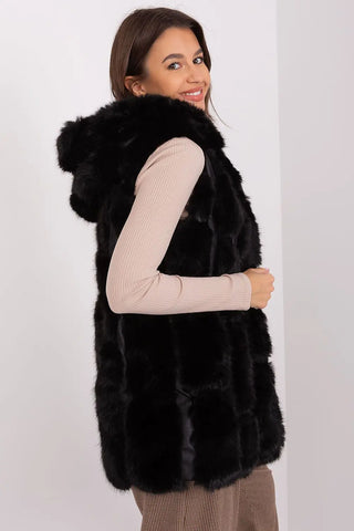 Elegant women’s hooded faux fur vest in black polyester with pockets and zipper closure