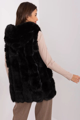 Elegant black women's hooded faux fur vest in polyester with pockets and zipper closure.