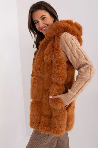 Elegant women's hooded faux fur vest in brown with pockets and zipper closure
