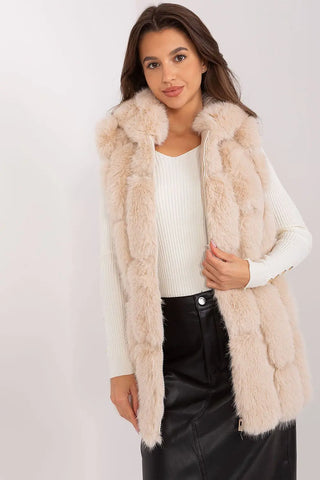 Elegant women's hooded faux fur vest in soft beige polyester with zipper and pockets