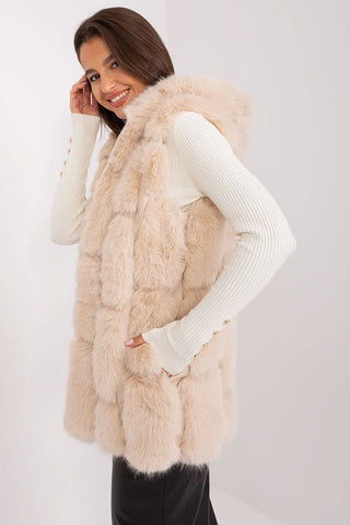 Elegant beige women's hooded faux fur vest made of soft polyester with pockets and zipper closure