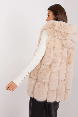 Elegant beige women's hooded faux fur vest made of soft polyester with pockets and zipper closure