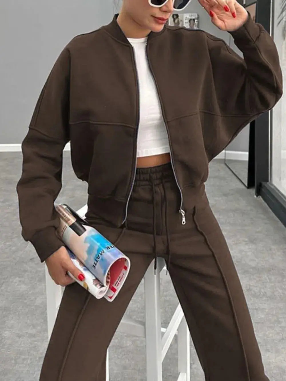 Brown baseball collar zip up outerwear with matching drawstring pants set for women