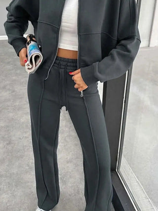 Baseball Collar Zip Up Outerwear and Pants Set - Ezeyor