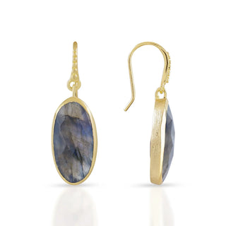 Charis Oval Gemstone Earrings featuring labradorite set in 22k gold on recycled brass with 45mm length handcrafted drop design
