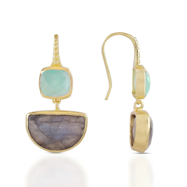 Charis Halfmoon Double Gemstone Earrings | Azuni London 22K Gold | Labradorite Pariba Onyx Azuni London