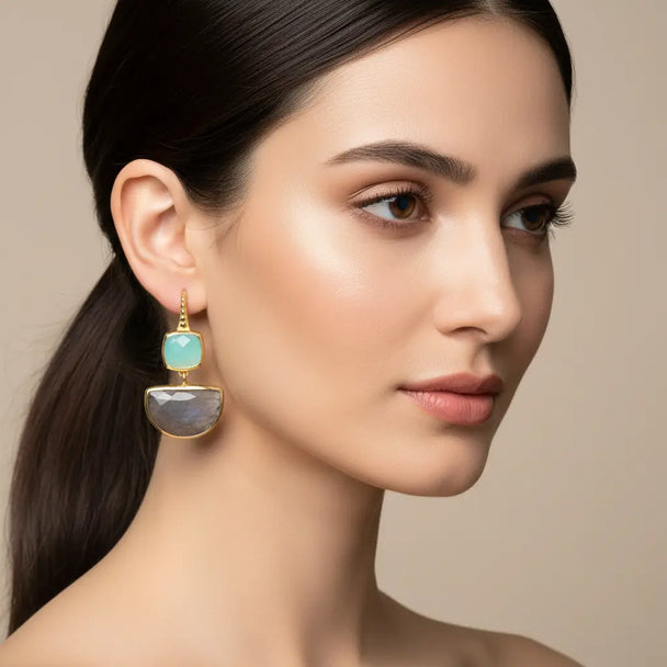 Charis Halfmoon Double Gemstone Earrings | Azuni London 22K Gold | Labradorite Pariba Onyx Azuni London