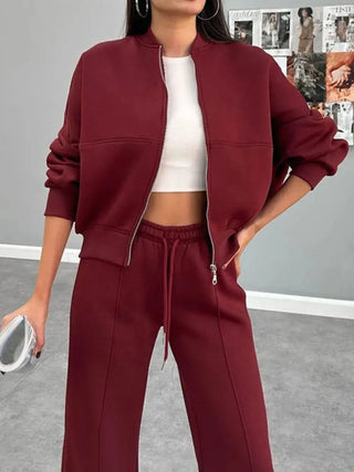 Women's burgundy baseball collar zip up outerwear and drawstring pants set with slight stretch and thin fuzzy lining