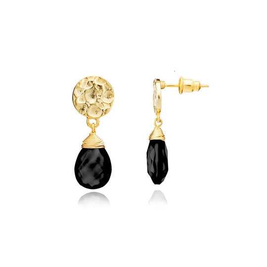 Classic Athena Drop Earrings with black onyx gemstone and 22K gold on recycled brass handcrafted design