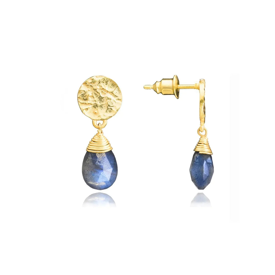 Classic Athena Drop Earrings featuring faceted labradorite and 22K gold on recycled brass, handcrafted gemstone jewelry