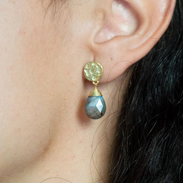 Classic Athena Drop Earrings featuring faceted labradorite briolette and 22K gold on recycled brass on ear