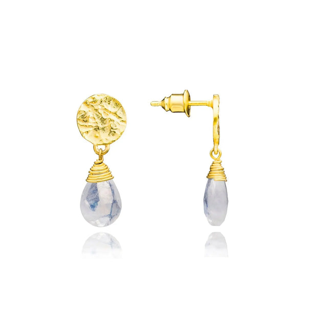 Classic Athena Drop Earrings with 22k gold plated textured coin stud and rainbow moonstone briolette gemstone