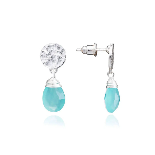 Classic Athena Drop Earrings in sterling silver with aqua Pariba onyx briolette gemstone and textured coin stud design