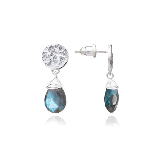 Classic Athena Drop Earrings with silver discs and blue labradorite gemstones, handcrafted sterling silver jewelry
