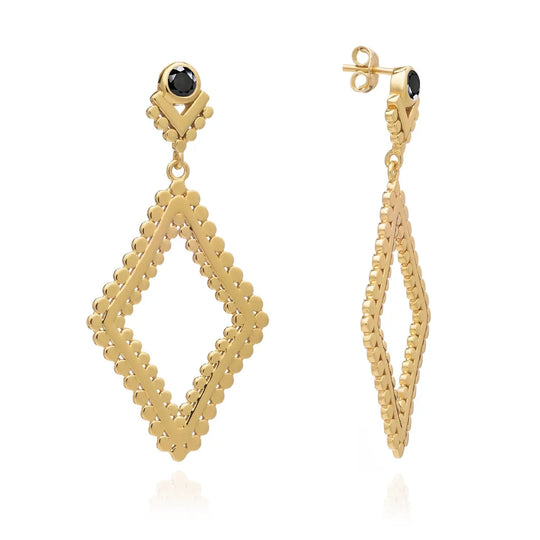 Etrusca Diamond Hoop earrings with black onyx studs in 22 karat gold on recycled brass handcrafted design