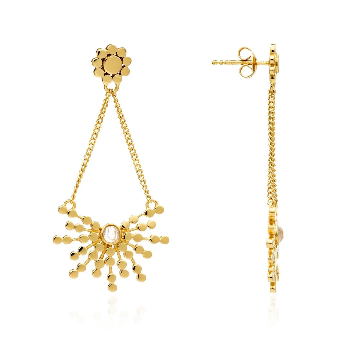 Etrusca Radiating Bead handcrafted 22k gold rose quartz stud earrings with fine chain and granulation design
