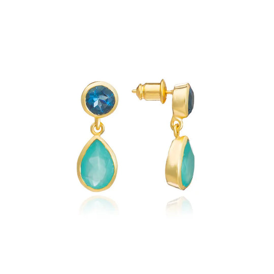 Gold double gemstone drop earrings with Pariba Onyx and Iolite gemstones in 22K gold setting