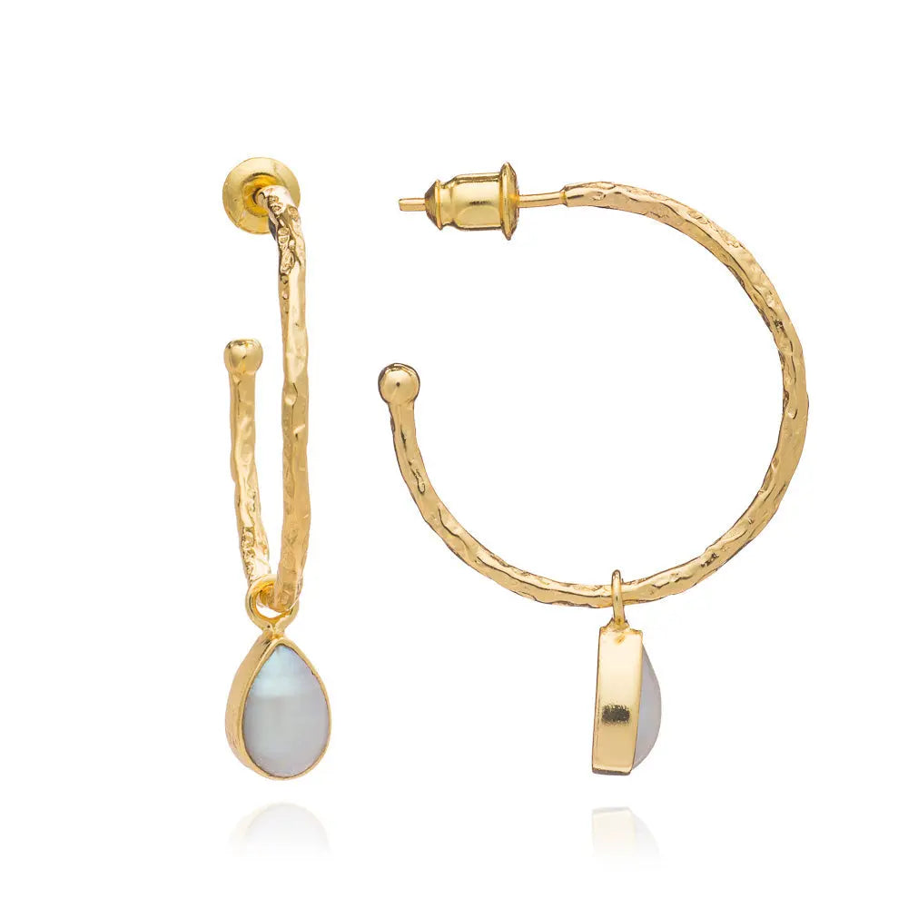 Handcrafted 22K gold textured Hydra Gold and Pearl Hoops with natural pearl drops, 28mm diameter hoops with 18mm pearl drops.
