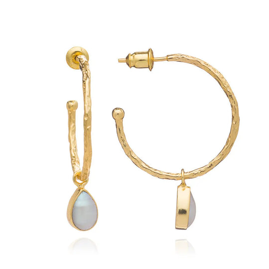 Handcrafted 22K gold textured Hydra Gold and Pearl Hoops with natural pearl drops, 28mm diameter hoops with 18mm pearl drops.