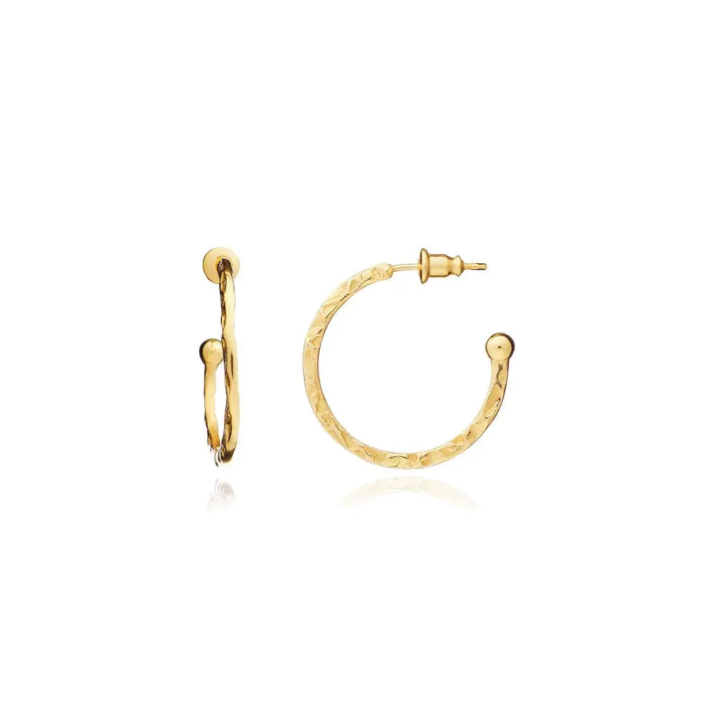 Lydia Textured Gold Hoops 22mm handcrafted 22kt gold plated earrings on recycled brass with textured finish