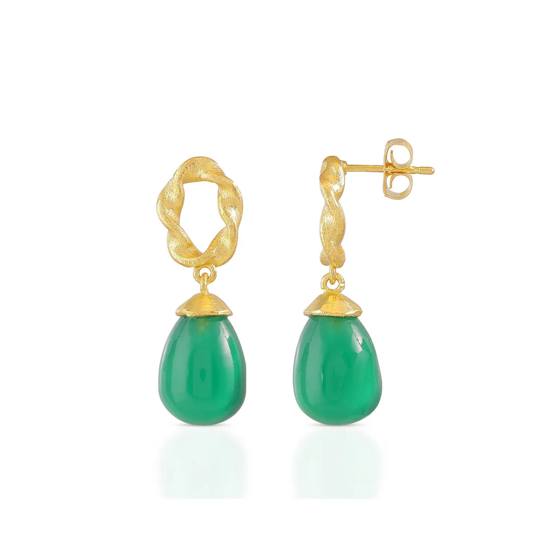 Moirai Twisted Loop Earrings with green onyx drops and 22K gold on recycled brass handcrafted design