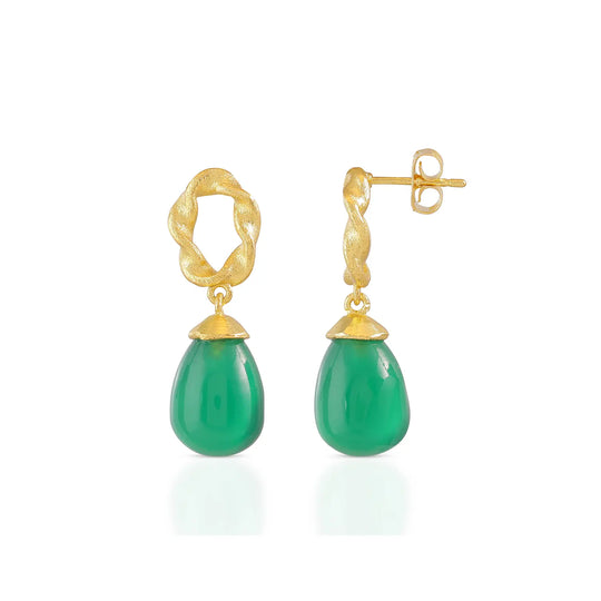 Moirai Twisted Loop Earrings with green onyx drops and 22K gold on recycled brass handcrafted design