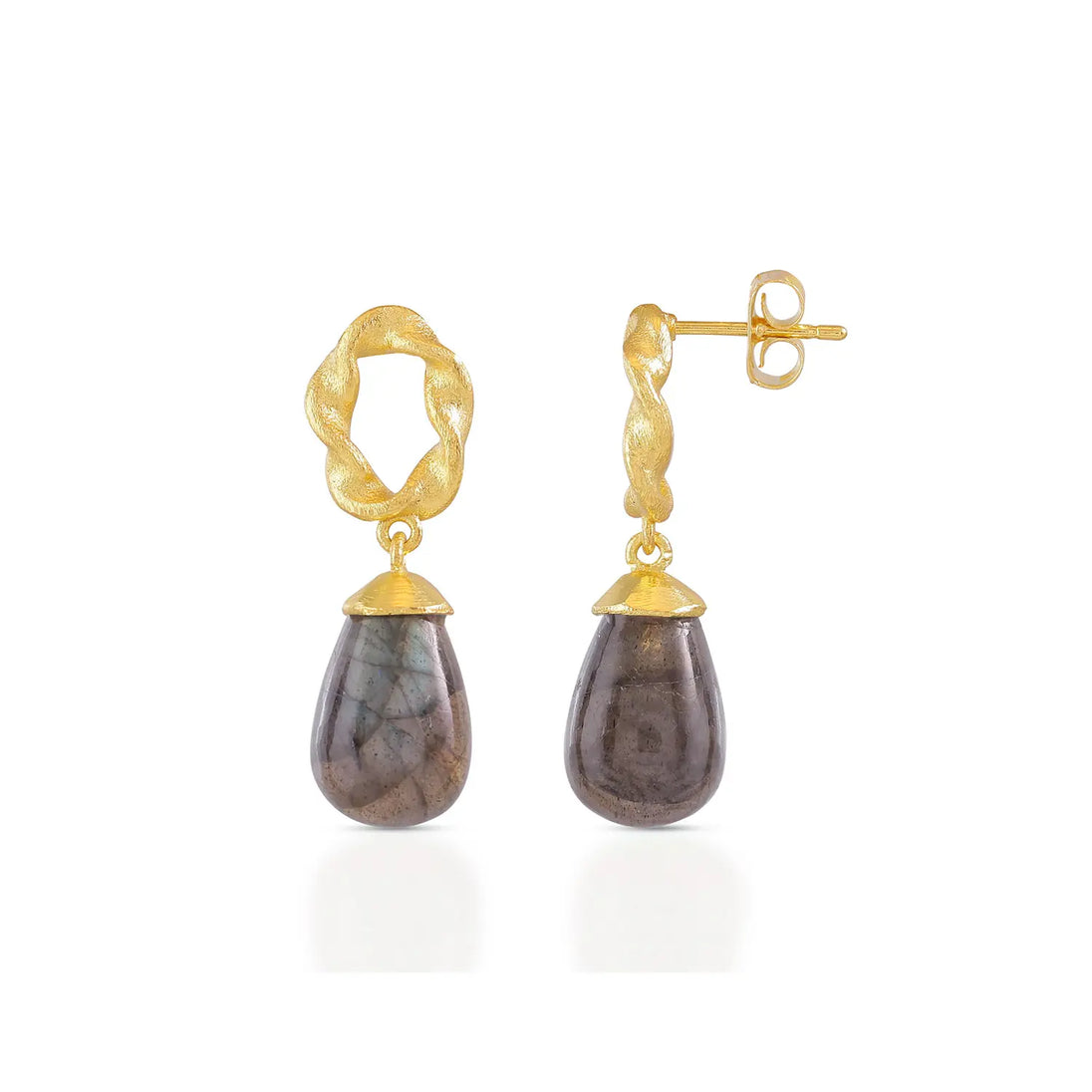 Moirai Twisted Loop Earrings with labradorite gemstones in 22K gold on recycled brass, 30mm length, artisan handcrafted
