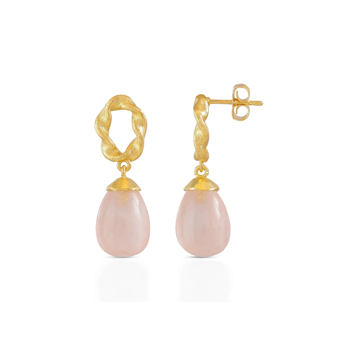 Moirai Twisted Loop Earrings in 22K gold with rose quartz drops, handcrafted artisan jewelry, 30mm length