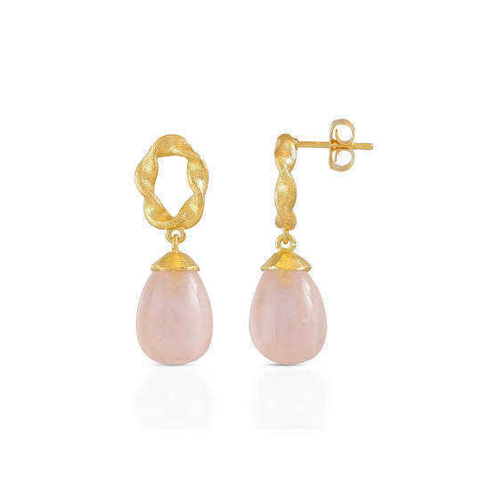 Moirai Twisted Loop Earrings in 22K gold with rose quartz drops, handcrafted artisan jewelry, 30mm length