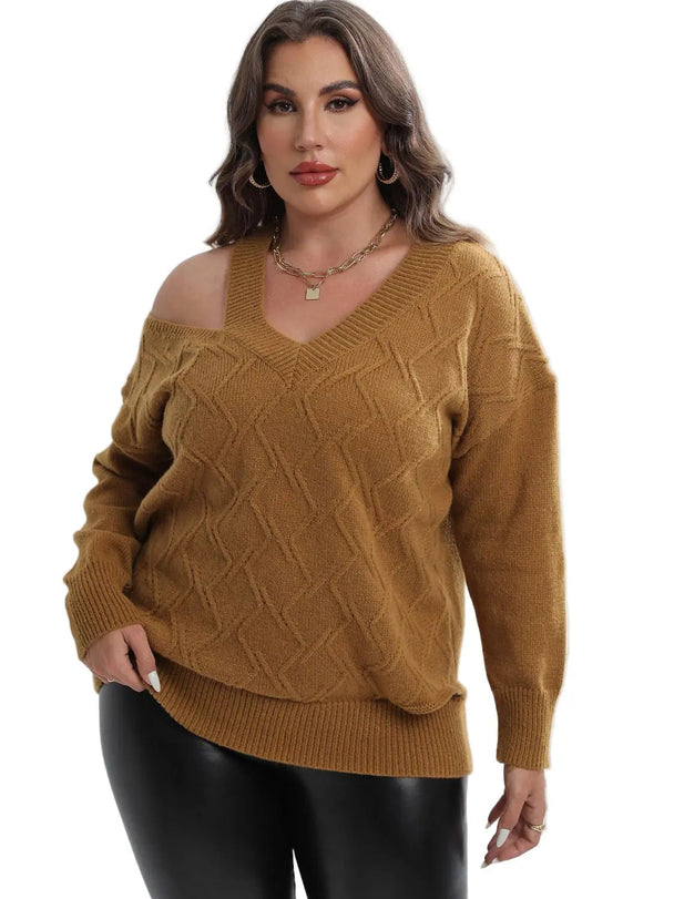 Plus size cutout V-neck sweater in mustard with long sleeves and textured knit pattern