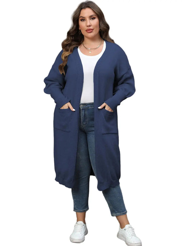 Plus size long sleeve pocketed navy cardigan with open front and ribbed texture