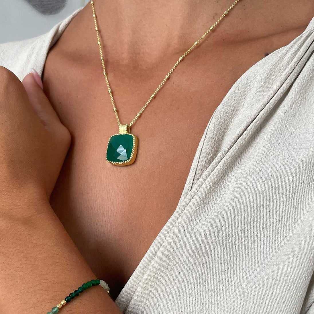 Tetra Large Square Gemstone Pendant with green onyx in 22K gold on brass chain worn on neck