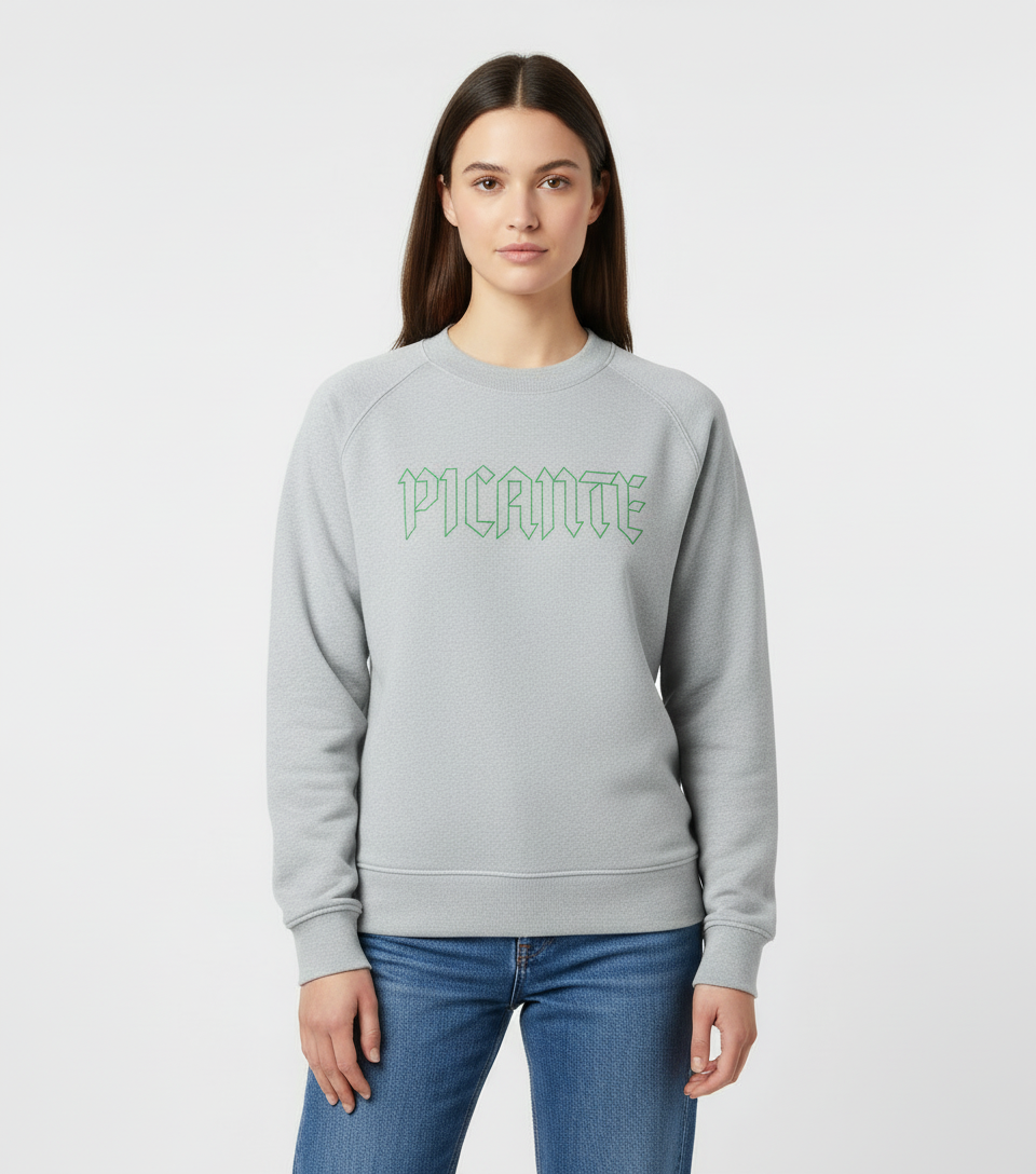 Unisex Picante Oversized Sweatshirt in grey with green logo, casual loose fit with ribbed cuffs and drop shoulders