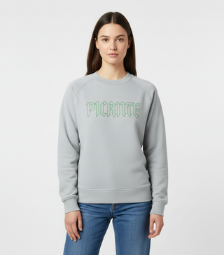 Unisex Picante Oversized Sweatshirt in grey with green logo, casual loose fit with ribbed cuffs and drop shoulders