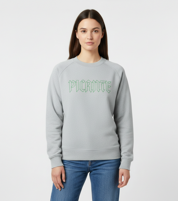 Unisex Picante Oversized Sweatshirt in grey with green logo, casual loose fit with ribbed cuffs and drop shoulders