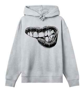 Lippy women's oversized grey hoodie with bold lip graphic and boxy fit