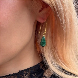 Hera Polished Stone Drop Earrings with pear-shaped malachite and 22K gold on recycled brass