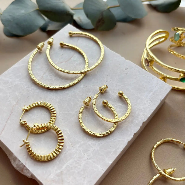 Lydia Large Textured Gold Hoops handcrafted 22k gold plated earrings 38mm diameter elegant textured finish
