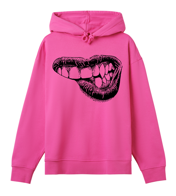 Lippy womens oversized hoodie in hyper pink with bold lip graphic and boxy fit