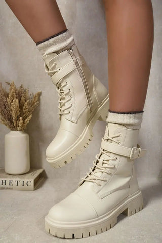 Lace Up Buckle Chunky Combat Boots Kenike