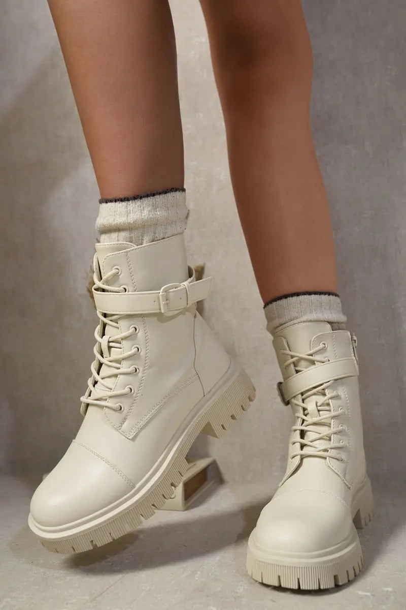 Lace Up Buckle Chunky Combat Boots Kenike