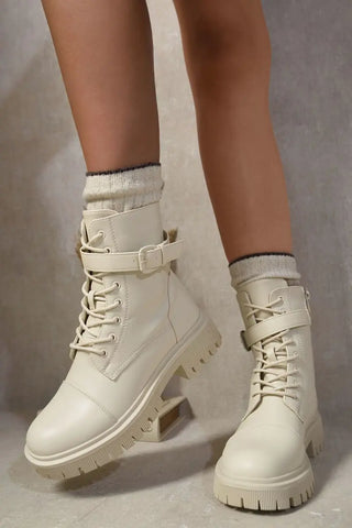 Lace Up Buckle Chunky Combat Boots Kenike