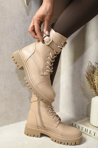 Lace Up Buckle Chunky Combat Boots Kenike