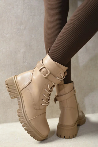 Lace Up Buckle Chunky Combat Boots Kenike