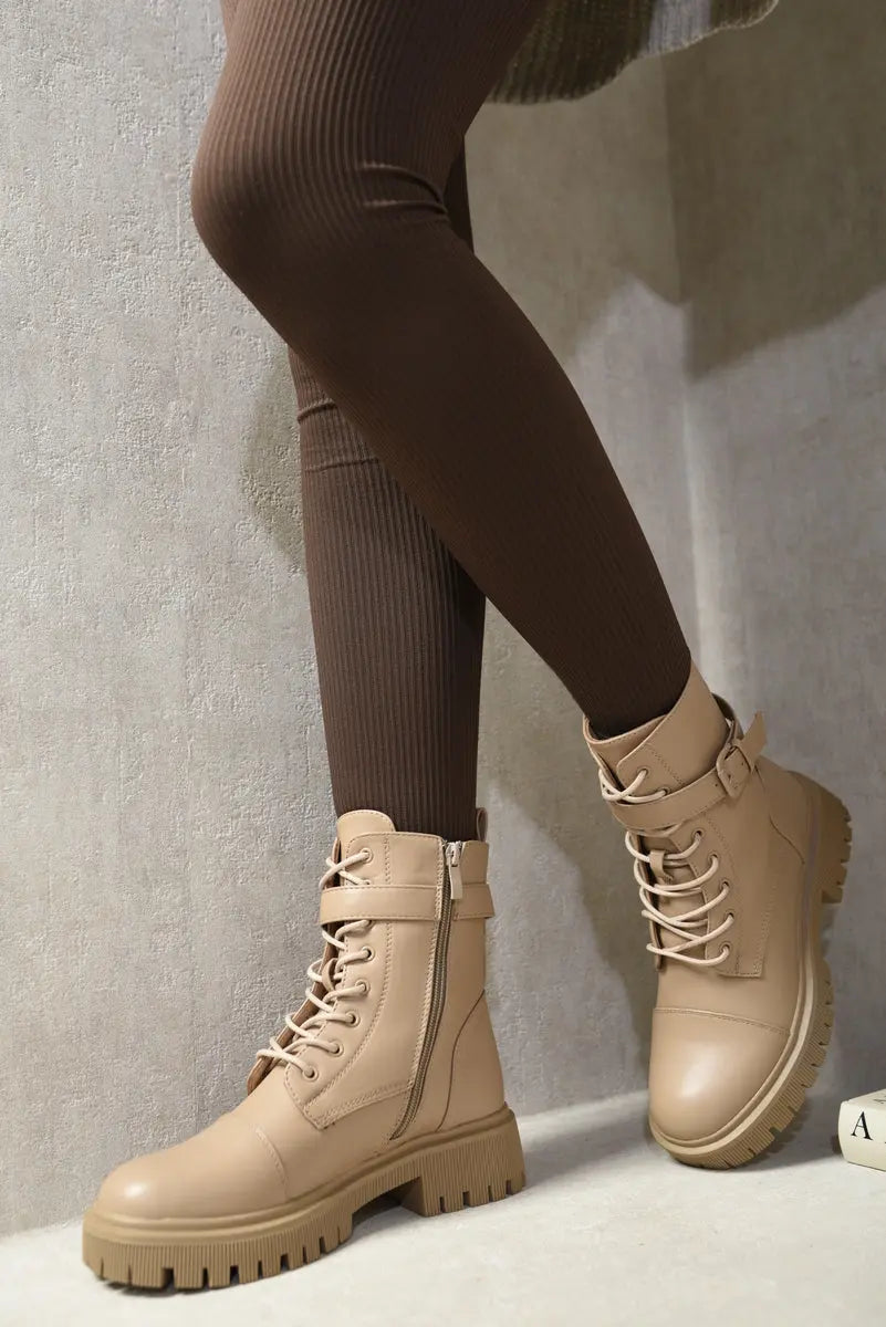 Lace Up Buckle Chunky Combat Boots Kenike