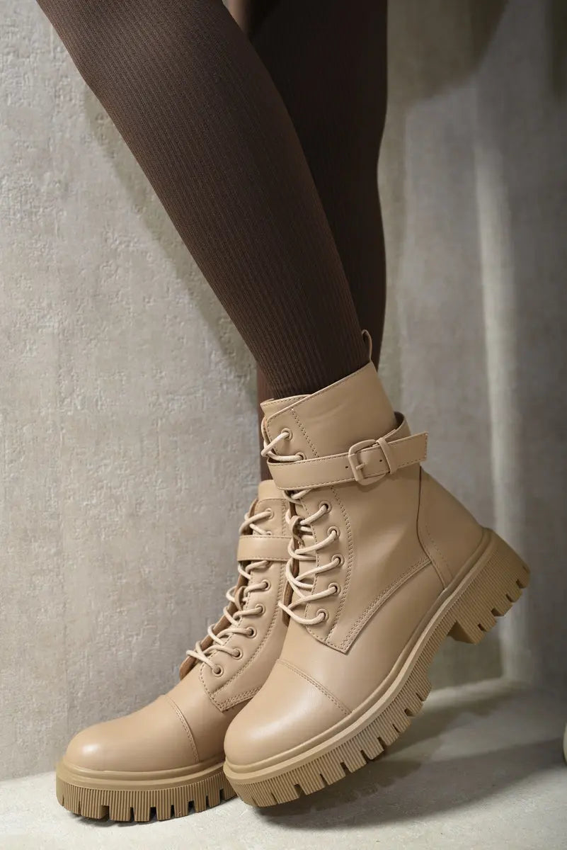 Lace Up Buckle Chunky Combat Boots Kenike