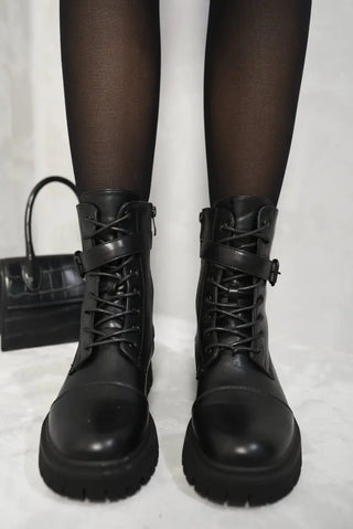 Lace Up Buckle Chunky Combat Boots Kenike