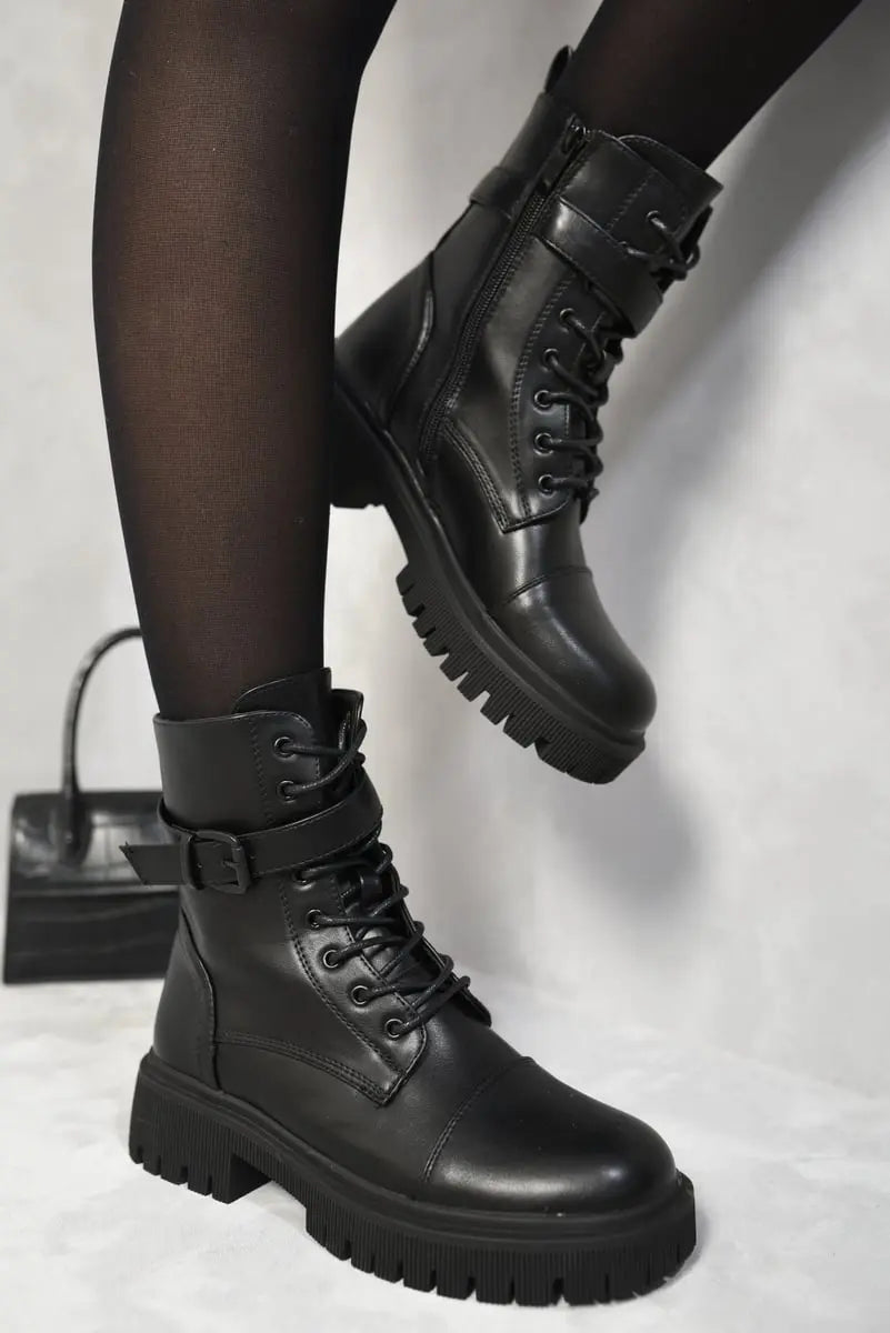 Lace Up Buckle Chunky Combat Boots Kenike