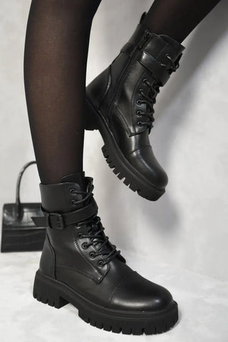 Lace Up Buckle Chunky Combat Boots Kenike